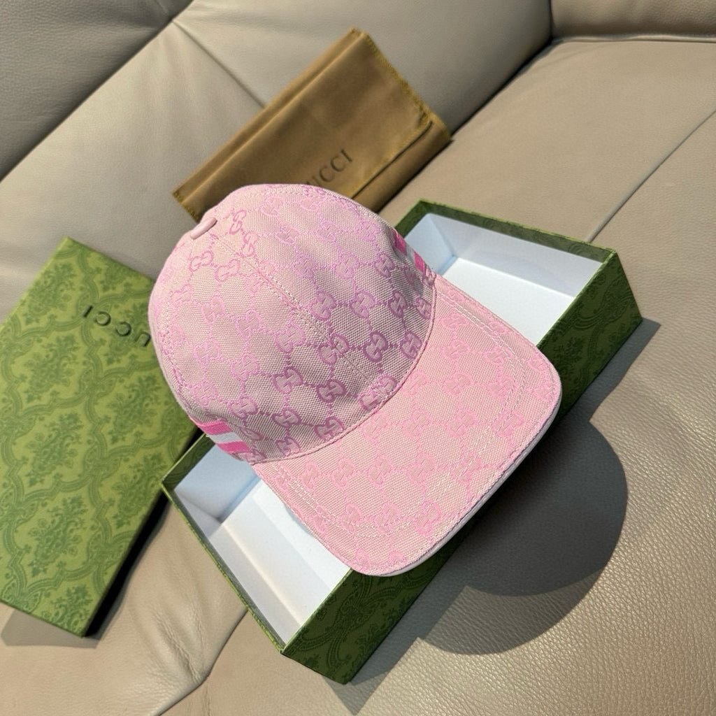 Pink monogram baseball cap with curved brim and stripe band with star emblem