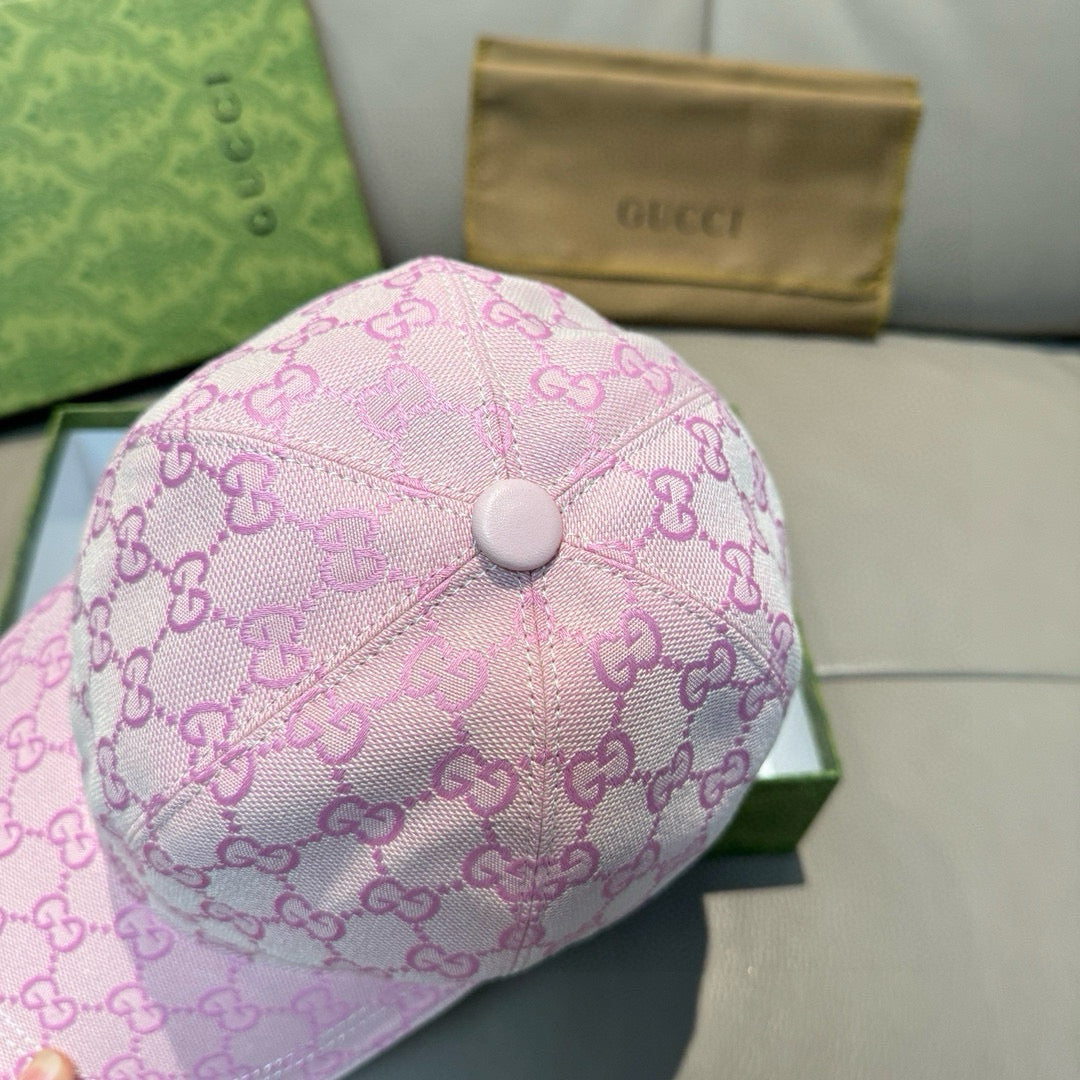 Pink monogram baseball cap with round top button and stitched crown