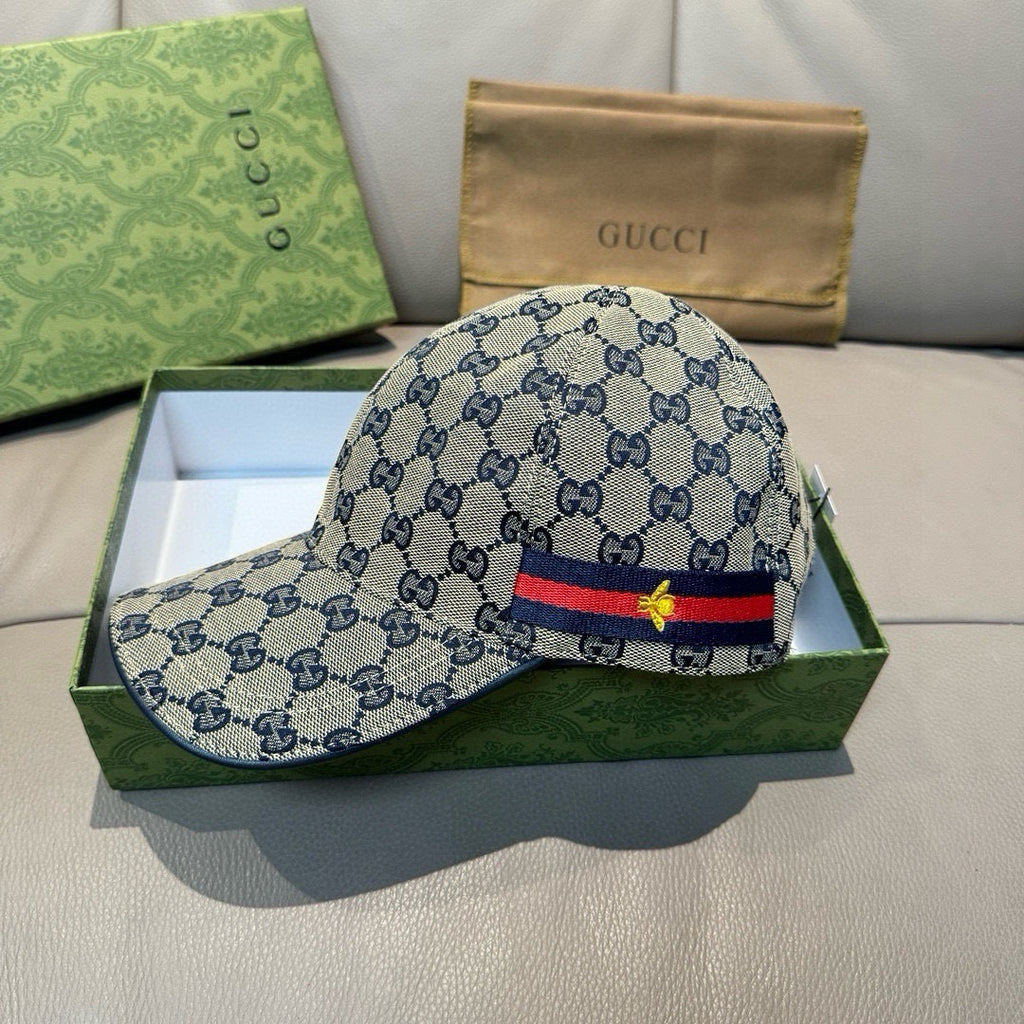 GG monogram baseball cap with multicolor stripe band and bee emblem