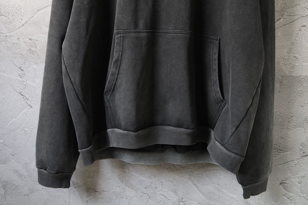 Balenciaga hoodie hem view in dark gray with kangaroo pocket and ribbed cuffs