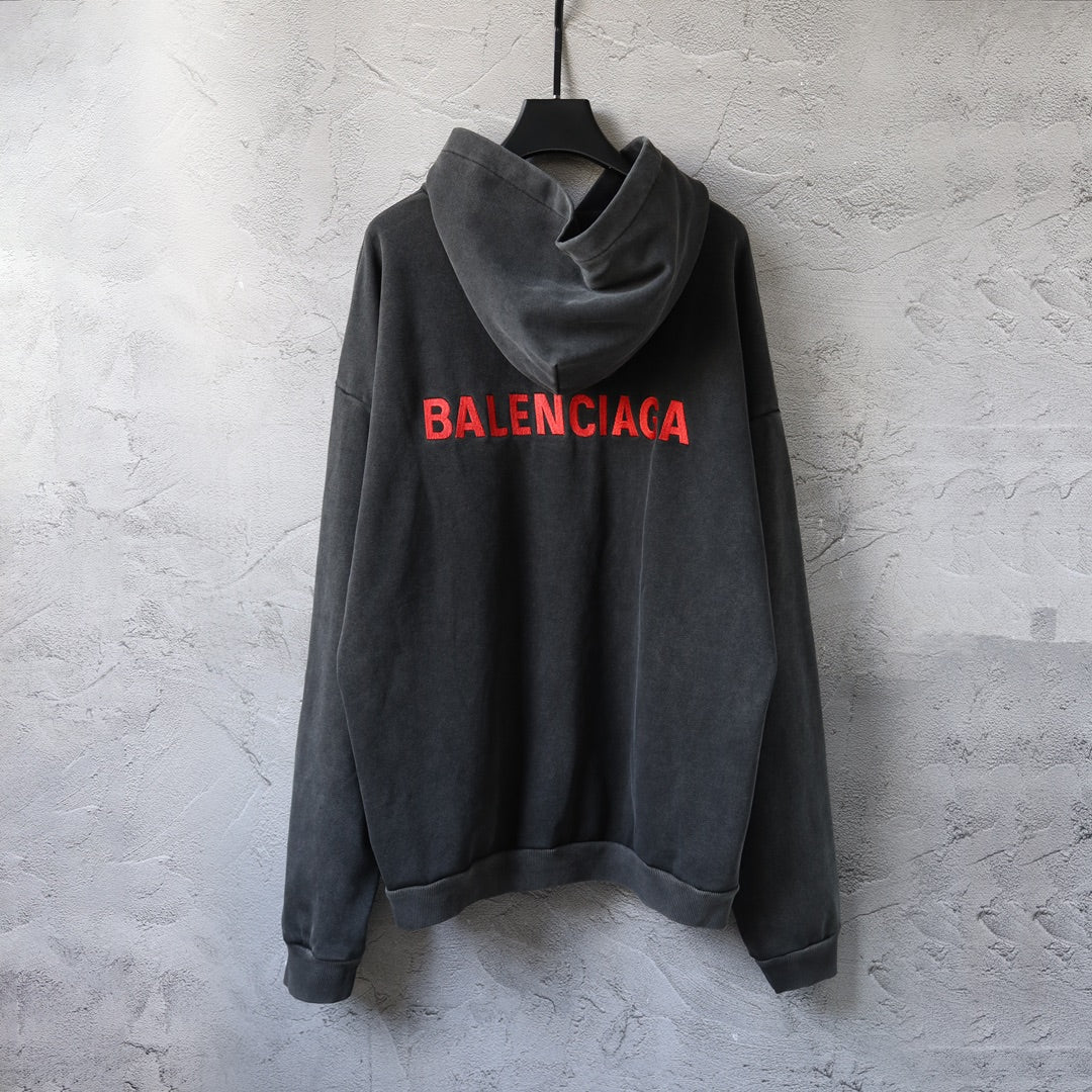 Balenciaga logo hoodie in dark gray with red BALENCIAGA text on the chest