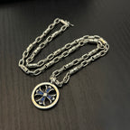 Chrome chain necklace pair with round blue cross medallion pendant