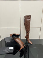 YSL tall leather boots, dark brown, angled side view with slim heel
