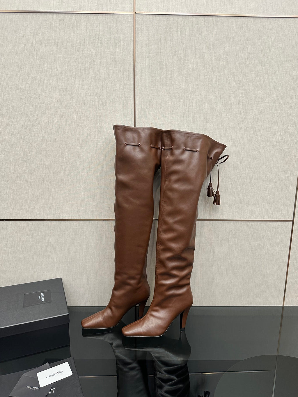YSL ladies tall leather boots, dark brown, tassel detail, slim heel