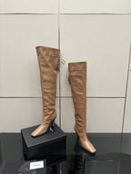 YSL taupe knee-high leather boots with stiletto heel and side tassel ties