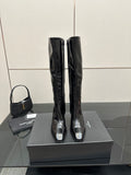 YSL ladies' tall boots, glossy black leather, slim heel, pull-on style.