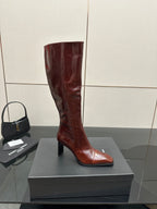 YSL ladies knee-high boots in dark burgundy glossy leather with slim stiletto heel