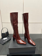 YSL ladies knee-high boots in dark burgundy glossy leather with slim stiletto heel