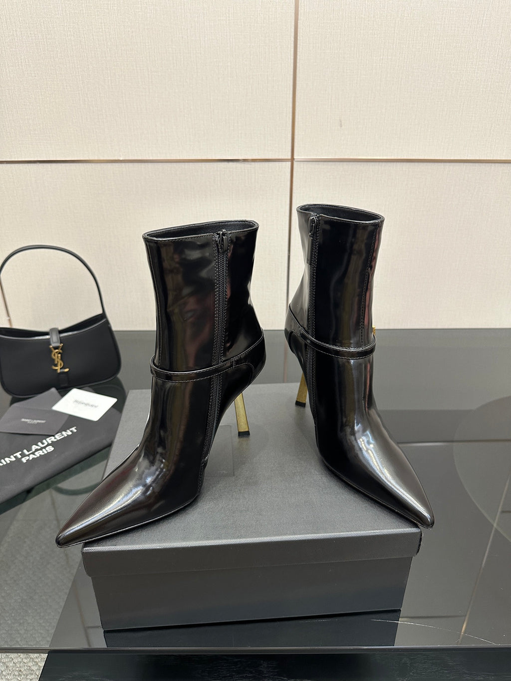 YSL ladies pointed ankle boots, black glossy with gold trim and slim high heels