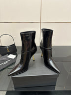 YSL ladies pointed ankle boots, black glossy with gold trim and slim high heels