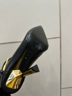 YSL ladies ankle boot heel, black glossy leather with gold-tone accent