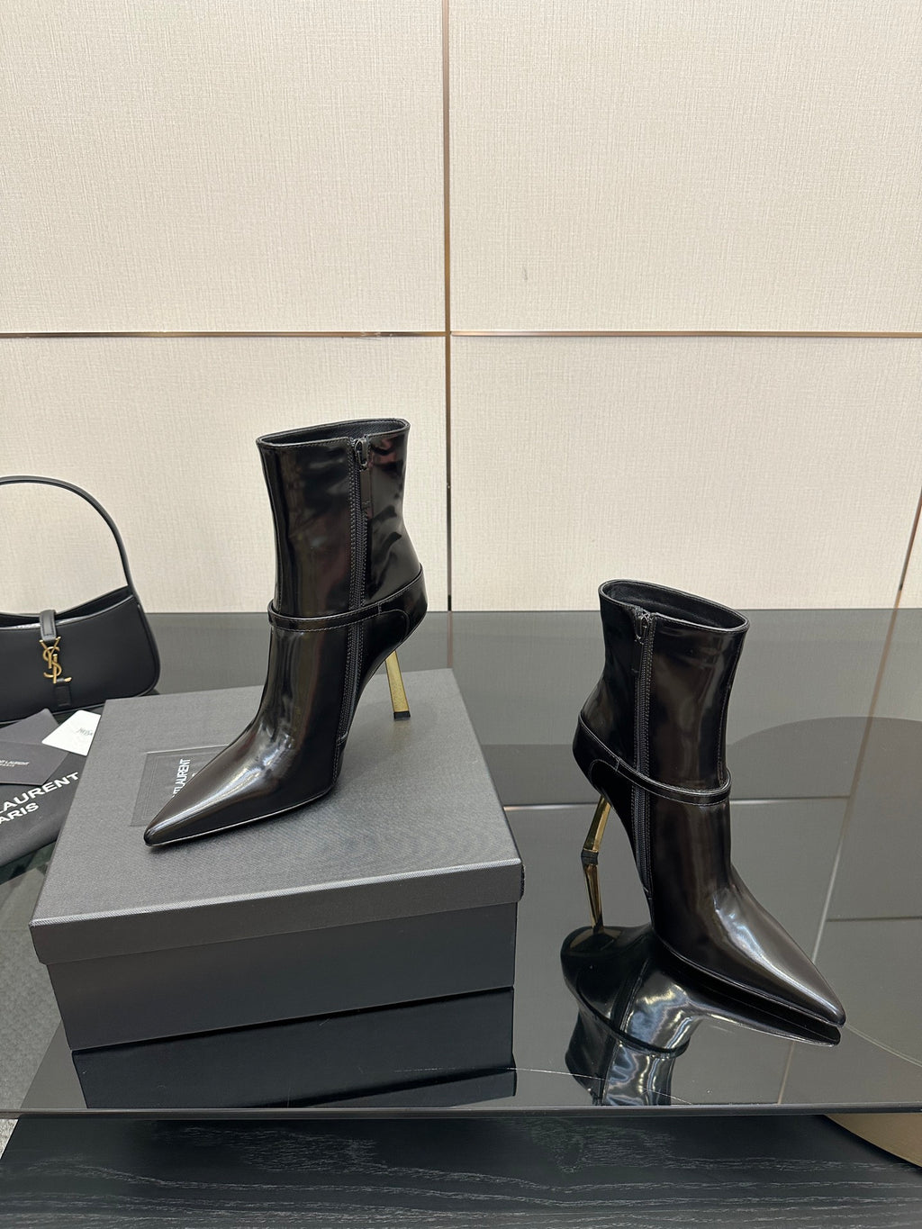 YSL ladies ankle boots, black glossy patent, pointed toes and slim high heels