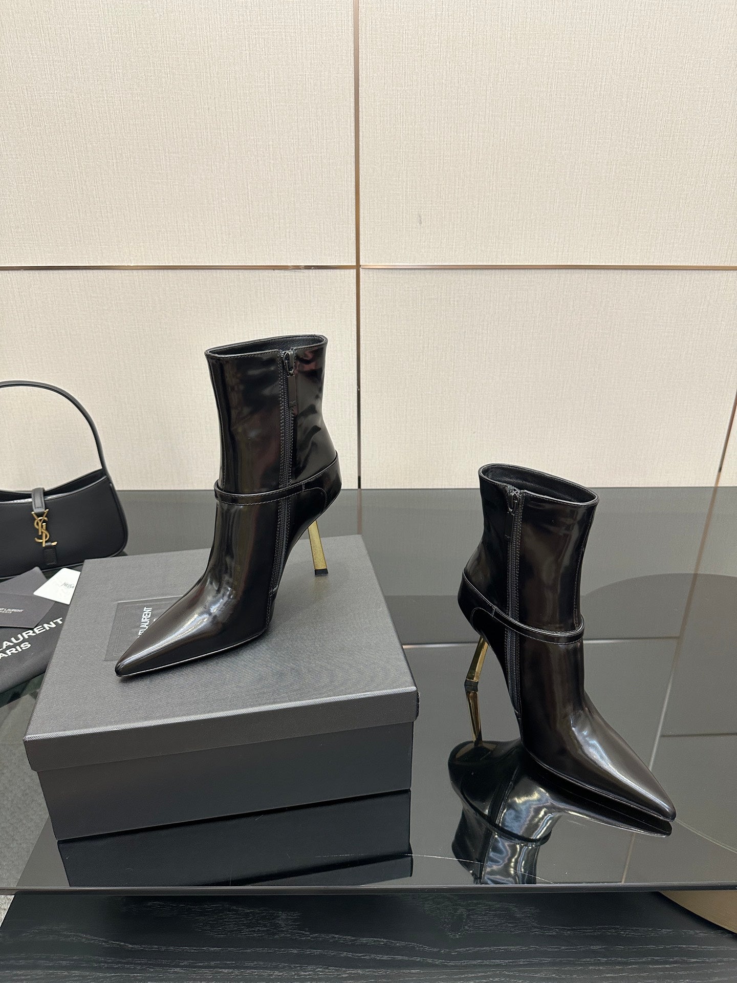 YSL ladies ankle boots, black glossy patent, pointed toes and slim high heels