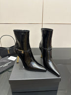 YSL ladies ankle boots with gold buckle strap, black glossy finish and high heel