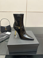 YSL ladies ankle boots, black glossy finish, gold buckle strap and stiletto heel
