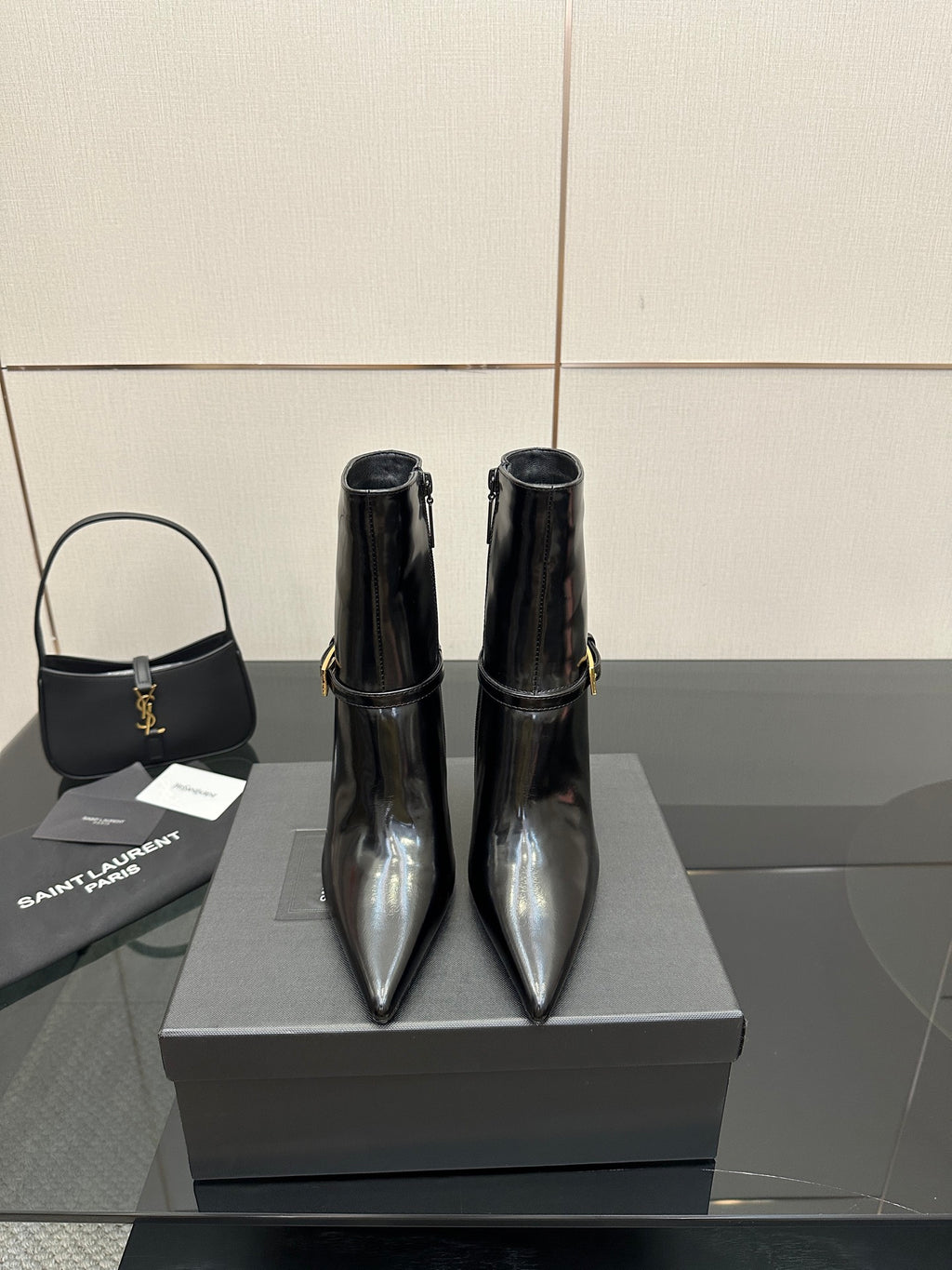 YSL ladies ankle boots, black glossy leather, pointed toe and slim high heel