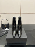 YSL ladies ankle boots, black glossy leather, pointed toe and slim high heel