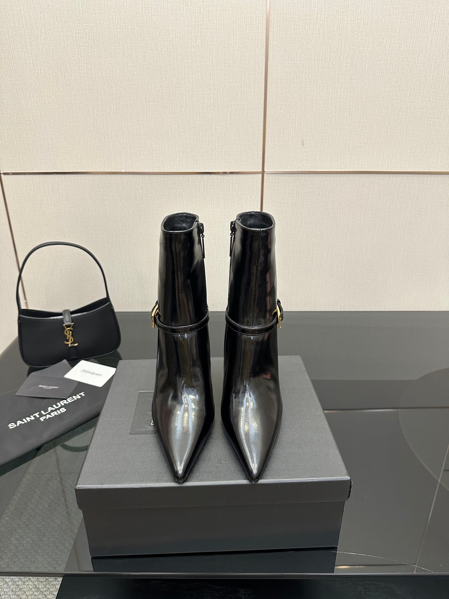 YSL ladies ankle boots, black glossy leather, pointed toe and slim high heel
