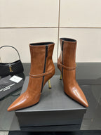 Women’s tan leather ankle boots, side zipper, pointed toe, high stiletto heel