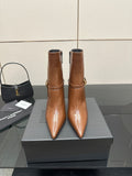 Women’s tan leather ankle boots, pointed toe, stacked heel, side zippers
