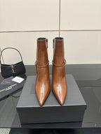 Women’s tan leather ankle boots, pointed toe, stacked heel, side zippers