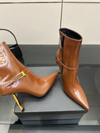 Women’s tan leather ankle boots, buckle detail, rounded curved toe, tall heel