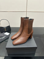 YSL ladies ankle boots with brown upper, Chelsea elastic panels, block heel