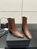 YSL ladies ankle boots, brown leather, side view with elastic inserts, block heel