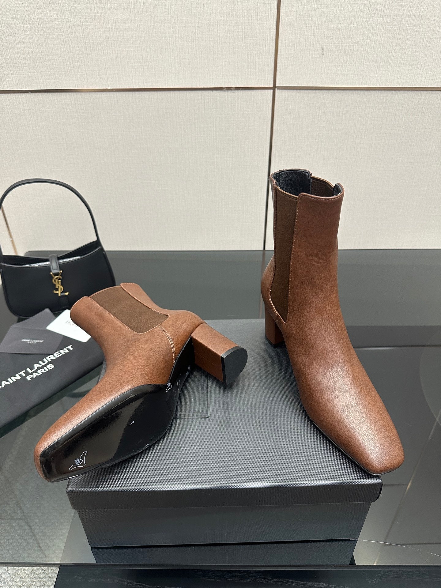 YSL ladies ankle boots pair, brown leather Chelsea style, block heel, slip-on