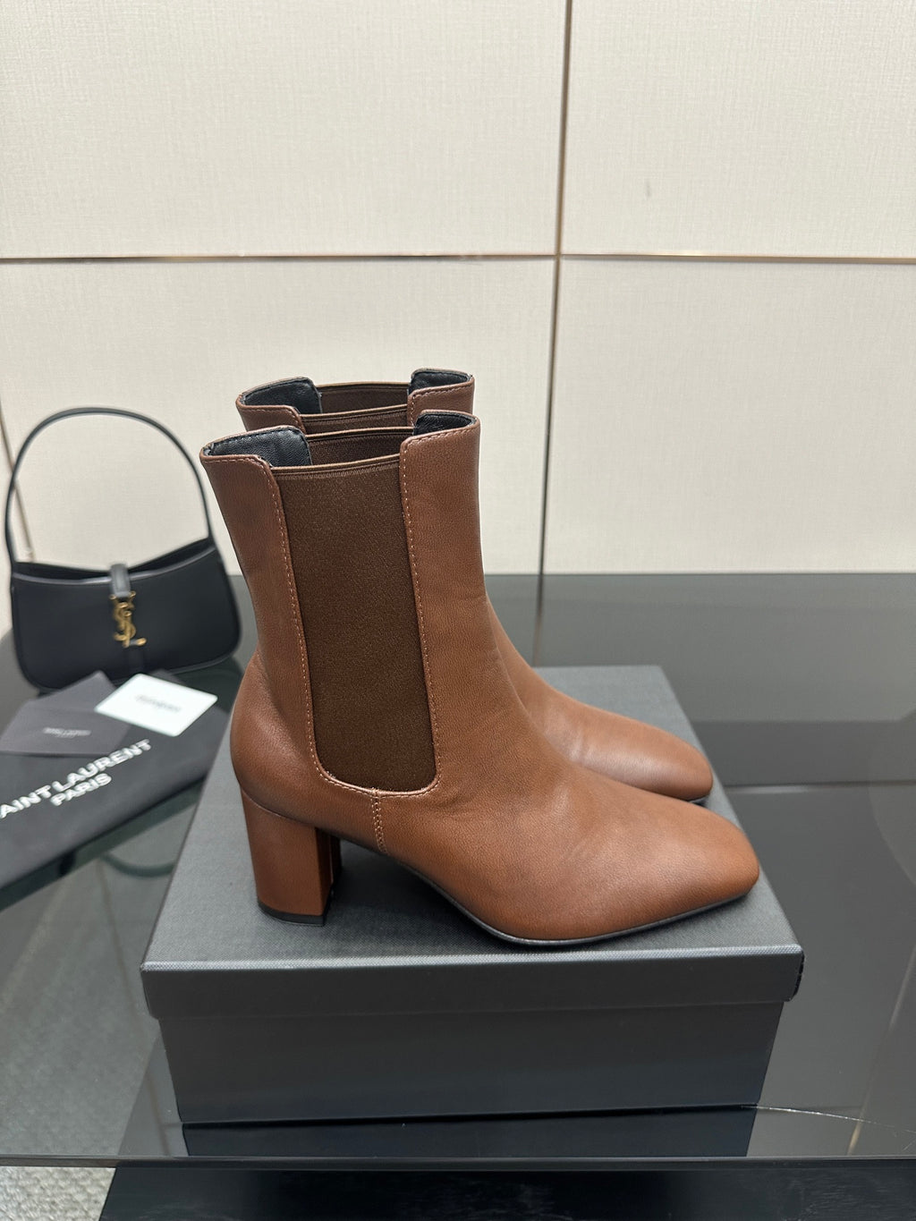 YSL ladies brown Chelsea ankle boots, pull-on elastic gore, block heel