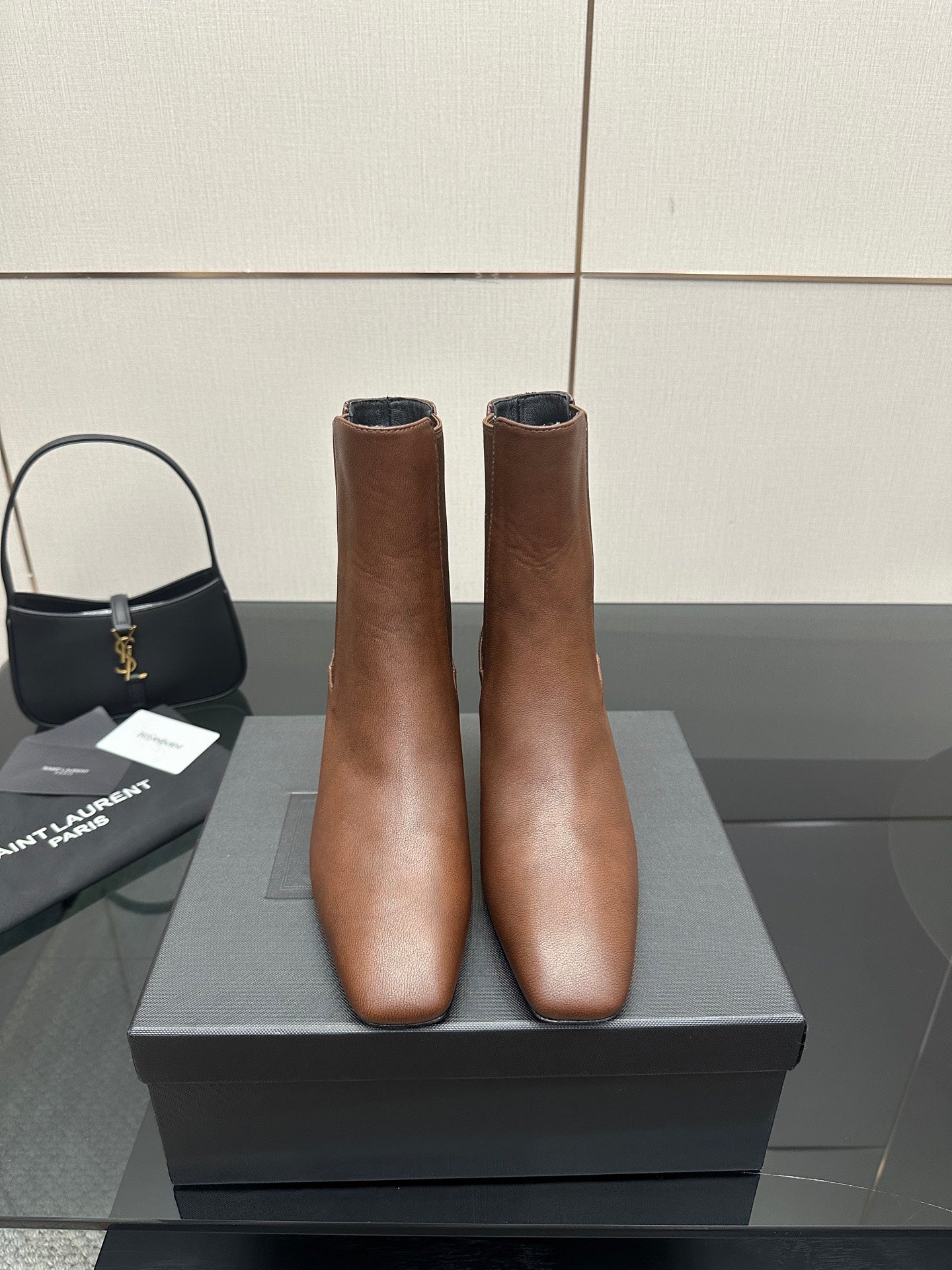 YSL ladies ankle boots, brown leather, Chelsea side elastic, block heel