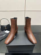 YSL ladies ankle boots pair, brown leather Chelsea style, elastic side gores, block heel