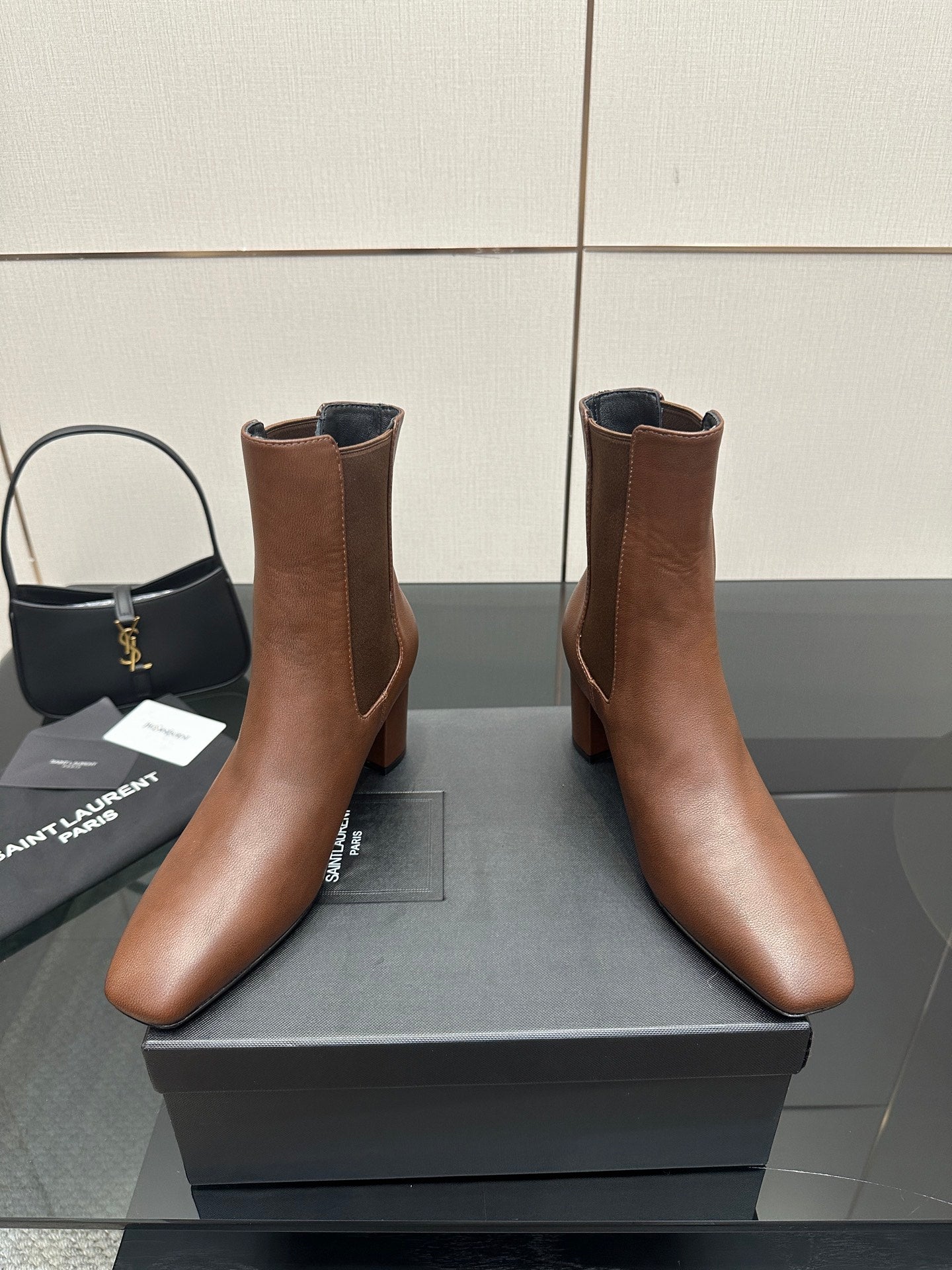 YSL ladies ankle boots pair, brown leather Chelsea style, elastic side gores, block heel