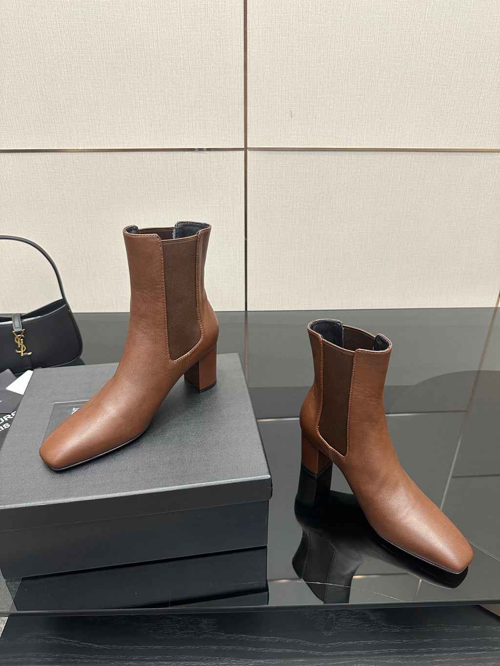 YSL ladies ankle boots, brown leather, angled pair view, Chelsea elastic, block heel