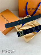 Louis Vuitton belt top view, dark navy monogram strap with silver buckle.