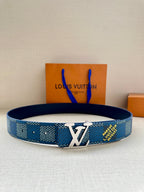 Blue Louis Vuitton belt with LV logo buckle and perforated strap holes.