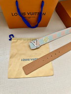 Louis Vuitton belt set on pouch: brown leather strap with holes and blue LV buckle.