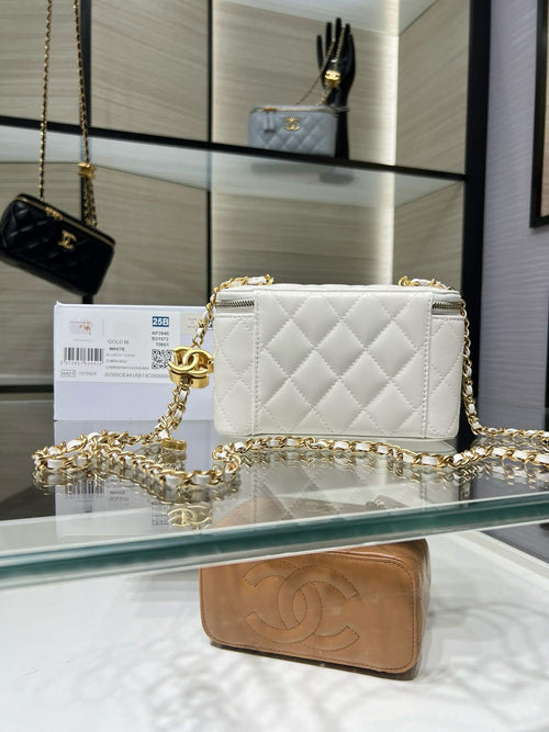 White quilted small shoulder bag with gold-tone chain strap and front flap closure