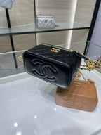 Chanel quilted mini bag with gold zipper and embossed CC logo on dark leather