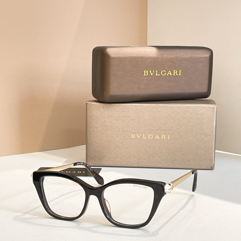 Bvlgari eyeglasses with dark rectangular frame and clear lenses, gold hinge detail