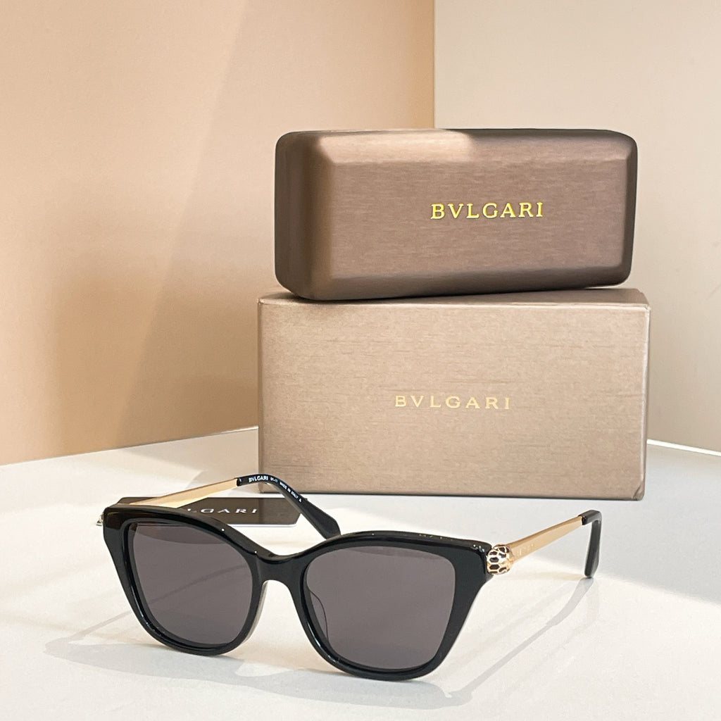 Bvlgari eyeglasses with dark rectangular frame and gray-tinted lenses