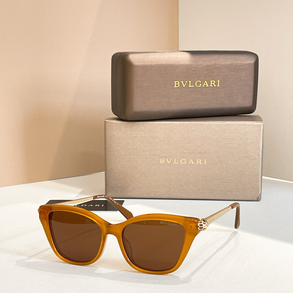 Bvlgari eyeglasses with amber rectangular frame and brown-tinted lenses