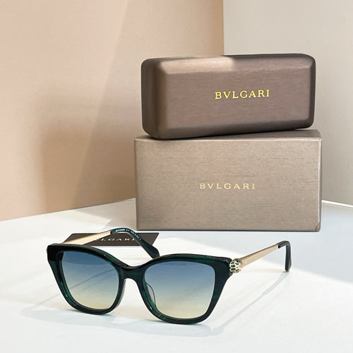 Bvlgari eyeglasses with dark green rectangular frame and blue-tinted lenses