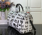 Louis Vuitton printed duffel bag, white with black logo pattern and black shoulder strap