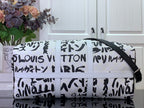 Louis Vuitton printed duffel bag front, white with black logo print and black strap