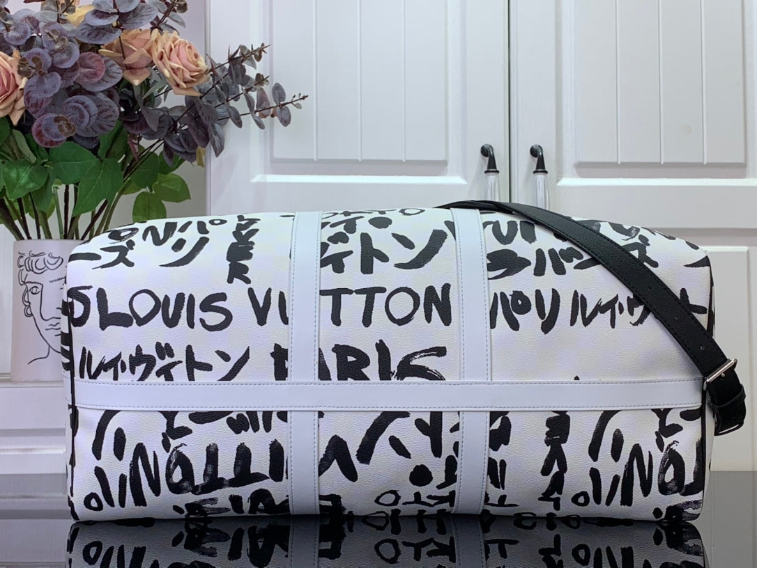 Louis Vuitton printed duffel bag front, white with black logo print and black strap