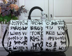 Louis Vuitton printed duffel bag with wide straps and central zip, white and black logo