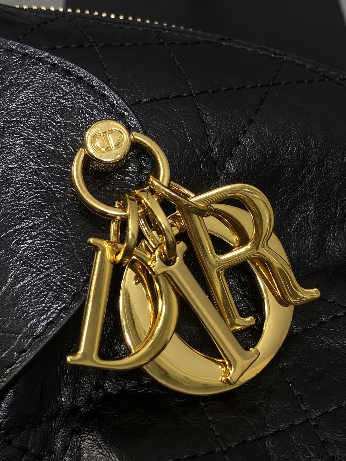 Black leather bag detail with gold Dior-style emblem charm on textured panel