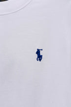 White long-sleeve T-shirt with small blue rider logo