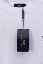 POLO Ralph Lauren neck tag on white T-shirt with blue polo logo